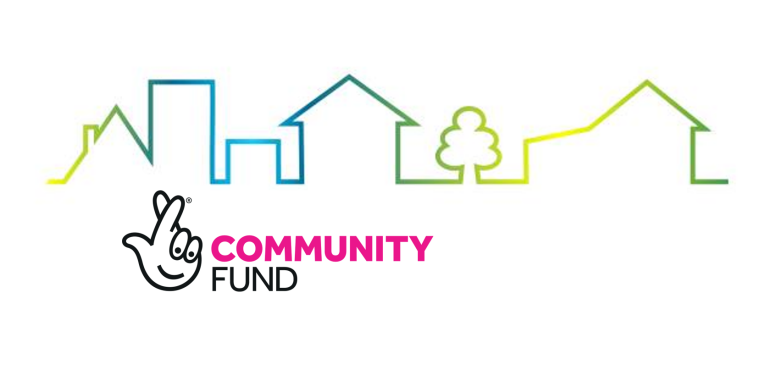 Colourful outline of houses on a skyline with the Community Fund crossed fingers logo beneath